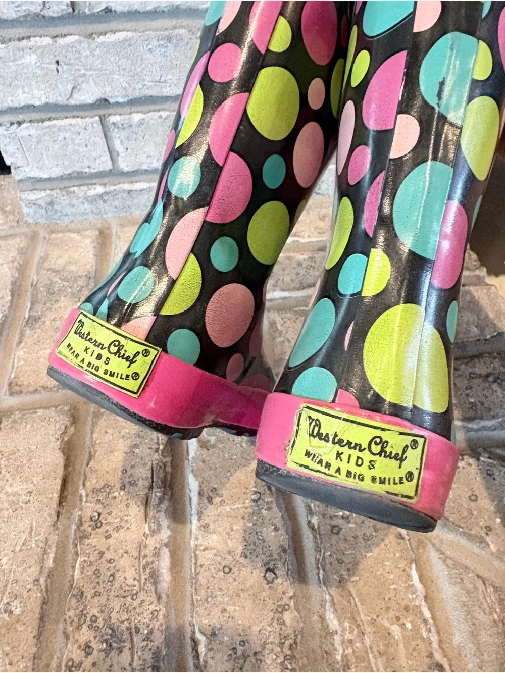 Western Chief Kids Black Rain Boots with Pink, Teal & Lime Polka Dots